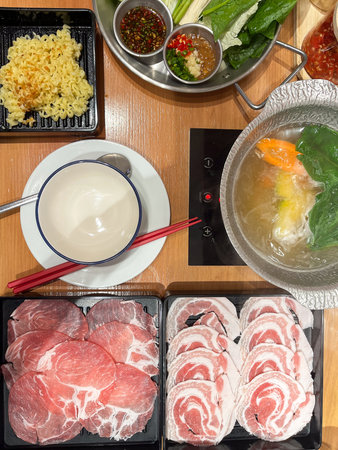 A thinly sliced pork and fresh vegetables arranged for tabletop hot pot dining, cozy communal meal...