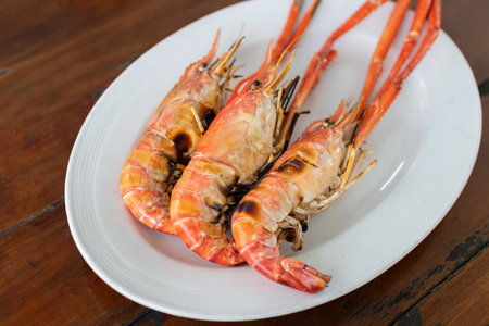 Charcoal grilled river prawns usually served with spicy seafood.の写真素材