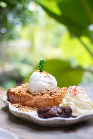 Delicious dessert featuring ice cream, whipped cream, and a cookie base, beautifully presented on a rustic plate.の写真素材