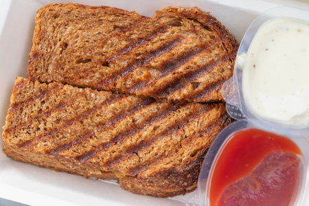 A grilled whole grain sandwich with crispy marks and dipping sauces, savory comfort food scene with...