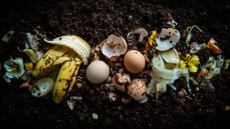 Kitchen waste including banana peels, eggshells, and coffee grounds being added to a compost bin.の素材