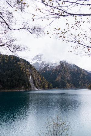 A tranquil mountain lake alpine forest snow capped peak autumn foliage overcast sky lake reflection at Long Lake, Jiuzhaigou in Sichuan, Chinaの写真素材
