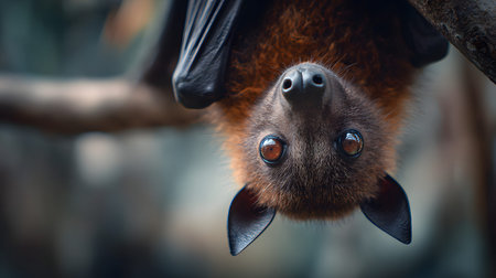 A close up fruit bat portrait hanging upside down with soft fur and reflective eyes, intimate wildlife moodの素材
