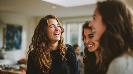 A friend woman laughter smile conversation indoor home candid moment, young adult group sharing joke during casual gathering, shallow focusの素材