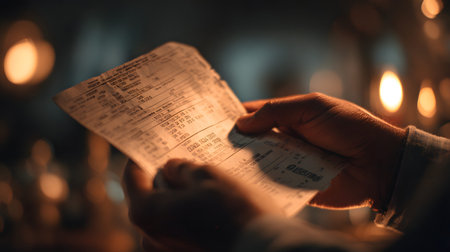 A hands holding receipt bill in warm restaurant lighting, close up emotional moment with cozy ambianceの素材