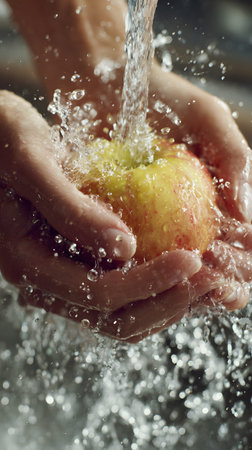 A washing apple under running water with hands rinsing fruit to remove dirt and bacteria, fresh food safety and clean produceの素材