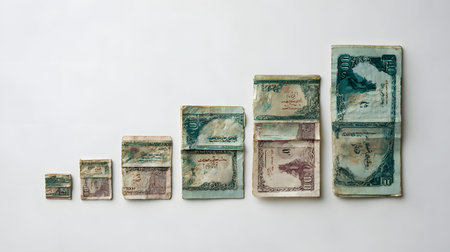 An old banknote stack growth chart with worn paper currency and muted green tones evoking economic progress and vintage textureの素材
