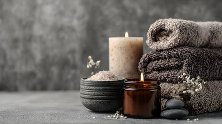 A soft spa towel candle bath salts and stones arranged for relaxing self care at home with gentle warm lightingの素材