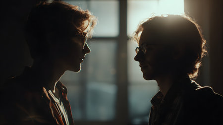 A friend silhouette conversation backlight window indoor portrait glasses, two people sharing quiet support in soft morning lightの素材