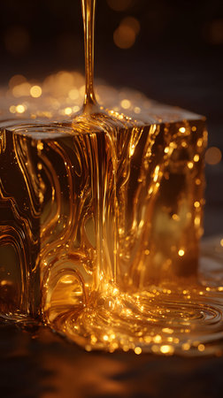 A molten gold liquid pour cube abstract render glossy, flowing over geometric block with warm bokeh light, luxury background closeupの素材