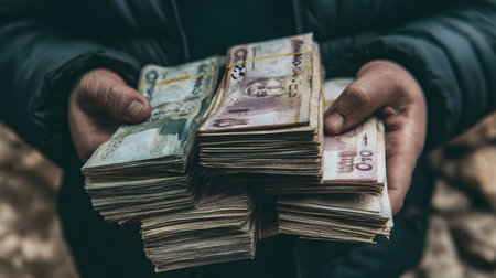 A worn banknote stack hand held bundle money holding cash pile currency transaction financeの素材