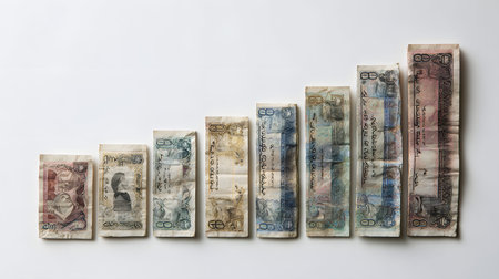 An old worn banknote stack arranged in ascending bar chart, muted tones and textured paper conveying vintage economy moodの素材