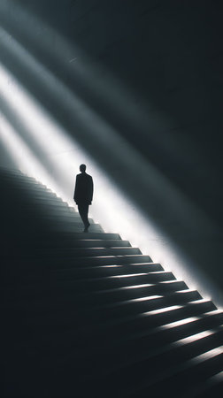 A silhouette of person ascending dramatic lit staircase with beams of light conveying ambition and solitudeの素材