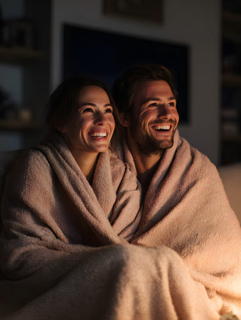 A couple projector movie night blanket snuggling cozy home cinema romantic smilingの素材