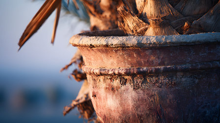 A sunlit terracotta pot with palm trunk and textured weathered surface creating warm rustic moodの素材