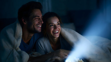 A young couple watching movie at home projector glow cozy blanket smiling romantic eveningの素材