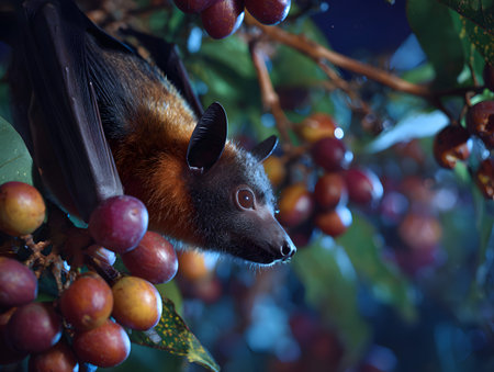 A fruit bat feeding on ripe fruit among dense tropical foliage at night, soft moonlit mood and vivid color contrastの素材