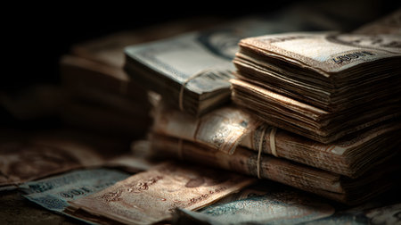 A worn stacked banknote bundle, currency stack, vintage paper money, tied bundle, low light texture, dramatic editorialの素材