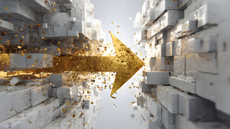 A golden arrow breaking through concrete blocks, dynamic impact, scattered debris, dramatic lighting, motion energyの素材