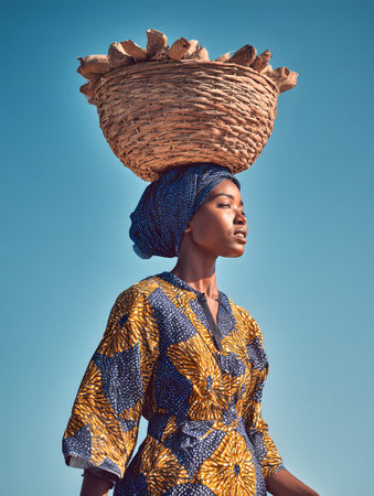 An african woman basket headwrap traditional dress patterned fabric blue yellow sky sunlight portrait with calm pride and strengthの素材