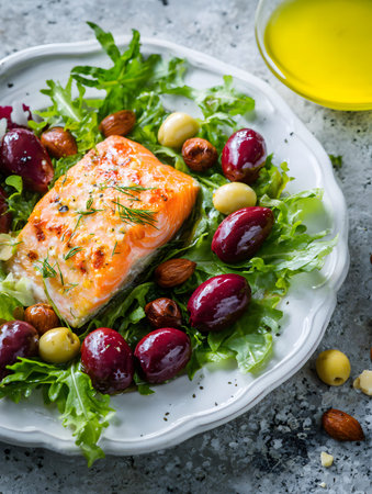 A salmon mediterranean salad olives arugula lettuce almonds olive oil grilled fresh savor grilled salmon arugula and lettuce with mixed olivesの素材