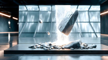 A futuristic gallery installation with digital waterfall levitating stone glowing light mist sleek floor modern architecture surreal calmの素材