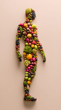A fruit and vegetable silhouette of standing person made from colorful produce, artistic healthy food arrangement evoking vitality and balanceの素材