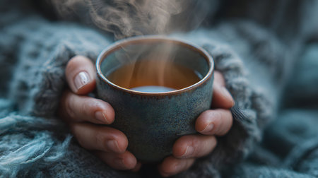 A warm hands holding steaming herbal tea cup in cozy sweater, comforting moment of relaxation and calmの素材