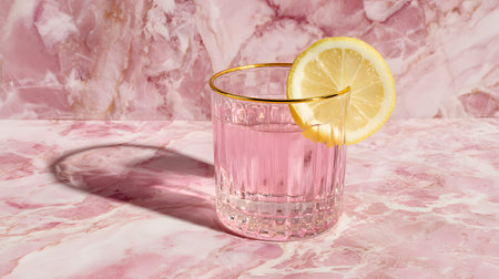 A pink collagen drink lemon slice glass gold rim marble surface soft light refreshing elegant minimal modernの素材