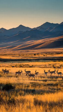 A golden grassland sunset antelope herd savanna mountains golden light wildlife serene dusk sweep across open plain with gentle calmの素材