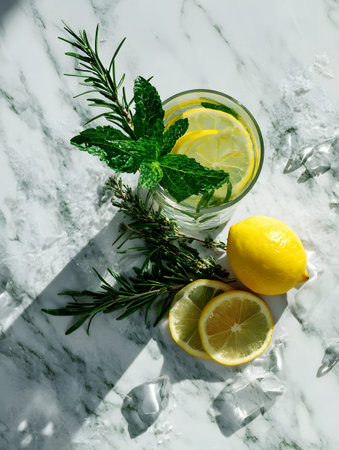 A herbal tonic with mint rosemary lemon slices and ice, refreshing bright citrus drink with leafy garnishの素材