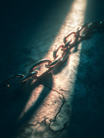 A broken chain illuminated by dramatic light, metal link on textured surface, shadow and contrast evoking resilience and tensionの素材