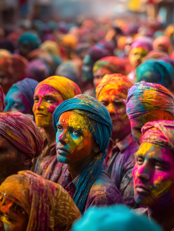 A color powder festival crowd portrait face vibrant india streetの素材