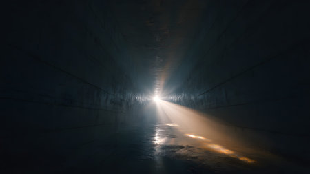 A light beam tunnel hope dim corridor ray of sunlight illuminating wet concrete floor creating moody atmosphereの素材