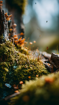 A macro moss mushroom spores tiny insect forest floor decayed wood lichen bokeh nature macro photography filled with wonderの素材