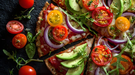 A gluten free pizza fresh vegetables herb avocado cherry tomato red onion arugula basil melted cheese rustic slateの素材