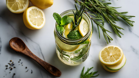 A lemon rosemary mint herbal tonic in glass jar with lemon slices and fresh herbs, refreshing citrus and botanical aromaの素材