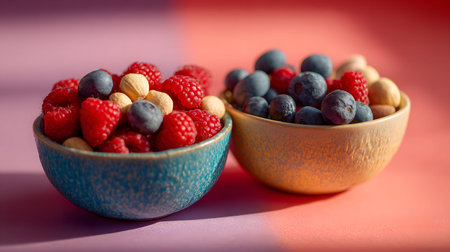 A raspberry blueberry hazelnut nut bowl healthy antioxidant fresh colorful snack macro shot vibrant closeup natural organic delicious nutritious redの素材