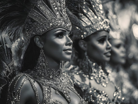 A brazil carnival dancer costume feather headdress glitter jewel monochrome dramatic glamorous confident vibrant celebrationの素材