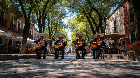 A mexican mariachi band street performance traditional music sombrero guitar plaza daytime cultural festive outdoor scene with joyの素材