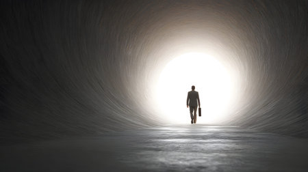 A silhouette man walking toward bright light in tunnel carrying briefcase, dramatic backlight and textured concreteの素材