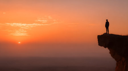 A silhouette man standing on cliff edge at orange sunrise overlooking misty valley, contemplative and peaceful moodの素材