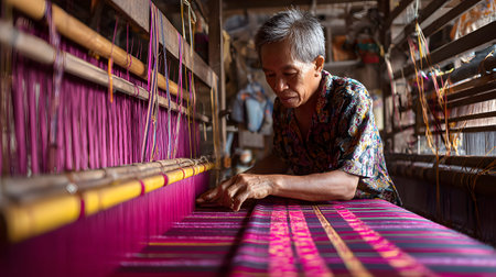 An elder artisan weaving textile on loom colorful thread handcraft tradition thai culture workshop focused skillful heritage calm moodの素材