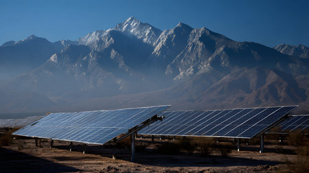 A solar panels in desert solar farm beneath snowcapped mountain range at sunrise, clean energy landscape with dramatic light and serene atmosphereの素材