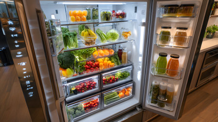 An open smart refrigerator interior fresh produce glass containers organized shelves bright lighting clean kitchen healthy food modern design vibrantの素材