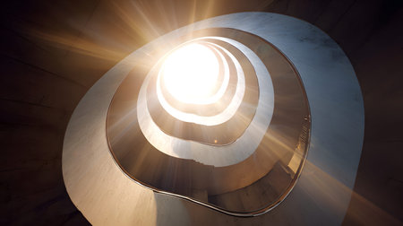 A spiral staircase ascending into radiant light, sun flare, concrete railing, curved architecture, interiorの素材