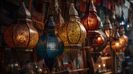 A moroccan lantern metal glass ornate glowing night market warm light vintage handcrafted. ornate moroccan lanterns glow warmly night marketの素材