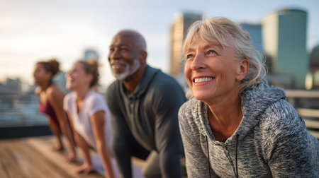 A senior woman smiling during rooftop yoga with diverse group at sunrise, energetic outdoor fitness sessionの素材