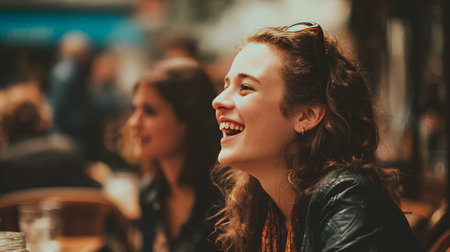 A smiling woman curly hair outdoor cafe candid portrait warm light laughter urban scene social gathering daytime shallow focus enjoy happy moodの素材