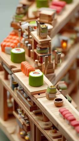 A miniature sushi factory with colorful sushi rolls, wooden mats, and vibrant toy-like conveyor belts.の素材